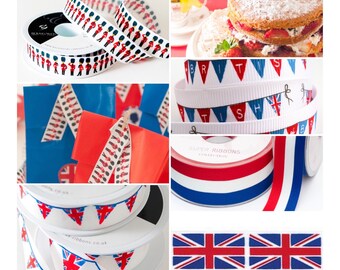 May include: Assortment of red, white, and blue ribbon with various British themed designs, including the Union Jack flag, a line of redcoats, and bunting. The ribbon is perfect for crafting, decorating, and adding a touch of British flair to any project.