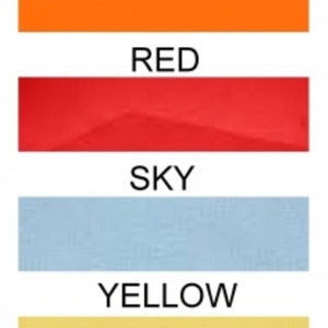 May include: Four color swatches labeled "Orange", "Red", "Sky", and "Yellow". Each swatch is a solid color, with the orange being the brightest and the yellow being the lightest.