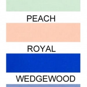 May include: Four fabric swatches in different colors: mint green, peach, royal blue, and wedgewood blue. The colors are labeled with their names.