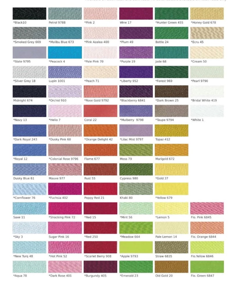 May include: A color chart with 64 different yarn colors, each color is labeled with a name and a number. The colors are arranged in rows and columns, and the chart is printed on a white background.