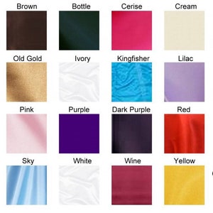 May include: Swatch card of 24 different colors of 60 inch satin fabric. Colors include black, brown, bottle green, cerise, cream, emerald, light gold, old gold, ivory, kingfisher, lilac, navy, orange, pink, purple, dark purple, red, royal blue, silver, sky blue, white, wine, and yellow.