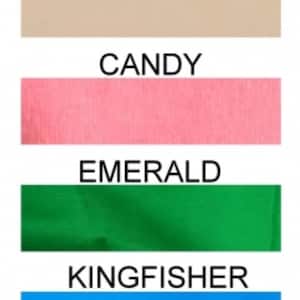 May include: Four fabric swatches in different colors: beige, pink, green, and blue. The swatches are labeled with the color names: Beige, Candy, Emerald, and Kingfisher.