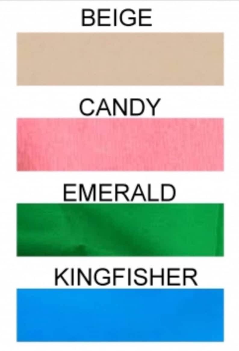 May include: Four fabric swatches in different colors: beige, pink, green, and blue. The swatches are labeled with the color names: Beige, Candy, Emerald, and Kingfisher.