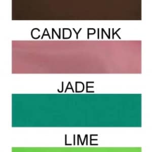May include: Four fabric swatches in different colors: brown, candy pink, jade green, and lime green.