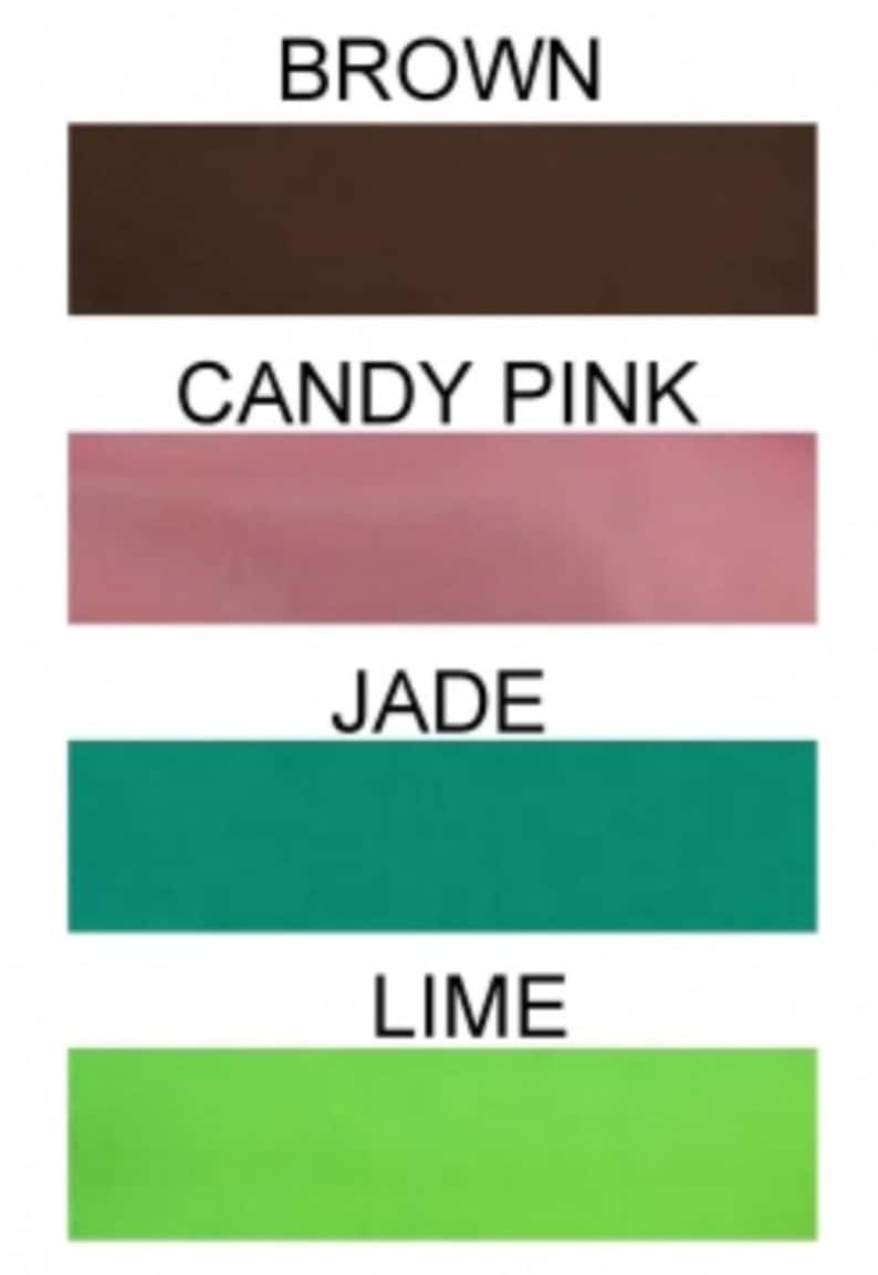 May include: Four fabric swatches in different colors: brown, candy pink, jade green, and lime green.