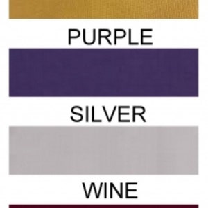 May include: Four fabric swatches in different colors: old gold, purple, silver, and wine.
