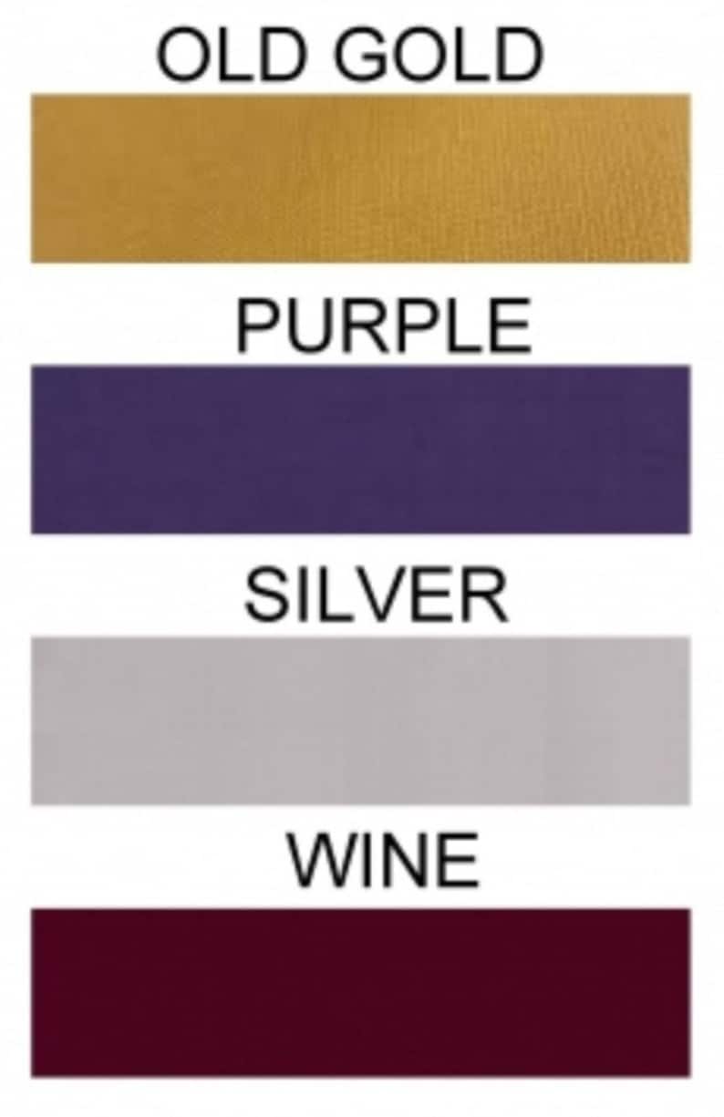 May include: Four fabric swatches in different colors: old gold, purple, silver, and wine.