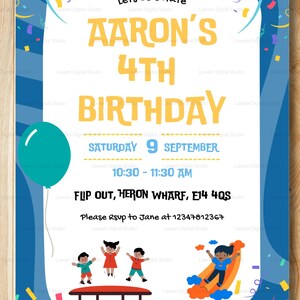 May include: A blue birthday invitation with the text "Aaron's 4th Birthday." It includes the date, time, and location. The design features a balloon, confetti, and illustrations of children playing.