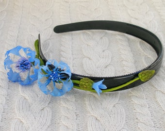 Cornflower Blue rustic Headband Bridal Headpiece Wedding Tiara Romantic Floral Diadem made from Japanese air-dry polymer clay.