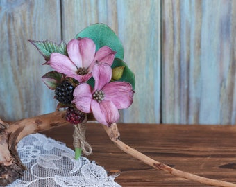 Dusty Rose Dogwood blossoms Dewberry & Eucalyptus leaves rustic Brooch Bridal Buttonhole Boutonniere made from air-dry polymer clay.