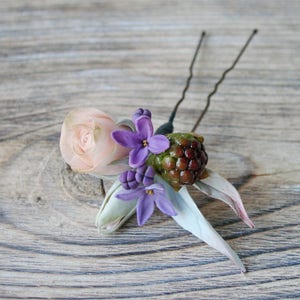 Floral Hair Pin with Pink Rose Violet Lilac Dewberry made from Japanese air-dry polymer clay.
