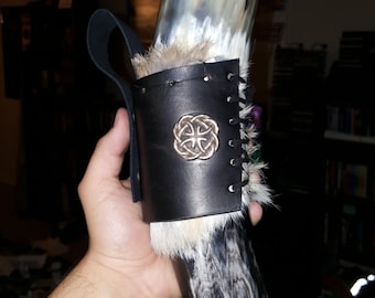Handmade Leather Drinking Horn Holder W/ Fur & Metal Accent Piece(s)