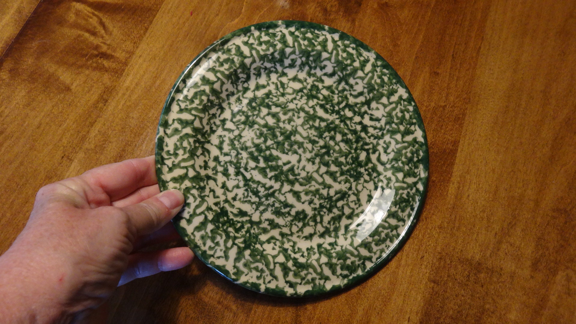 9 3/4 Roseville Ohio Sponge Paint Plate, Dinner Plate, Green