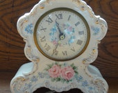 7 x 7 Hand-Painted Electric Clock Porcelain Ceramic Pink Blue Floral Mantel 1949 Signed on the back quot MJ 10-19-1949 quot WW2 Era