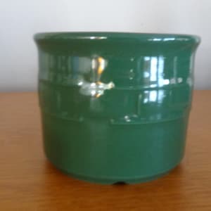 May include: A dark green ceramic planter with a cylindrical shape. The planter has horizontal bands around the body and a slightly flared rim. It sits on a wooden surface.