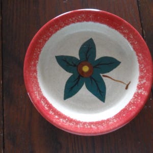 May include: A round ceramic plate with a red rim and a floral design. The plate features a central teal flower with a yellow center and a brown stem. The rim has a speckled pattern.