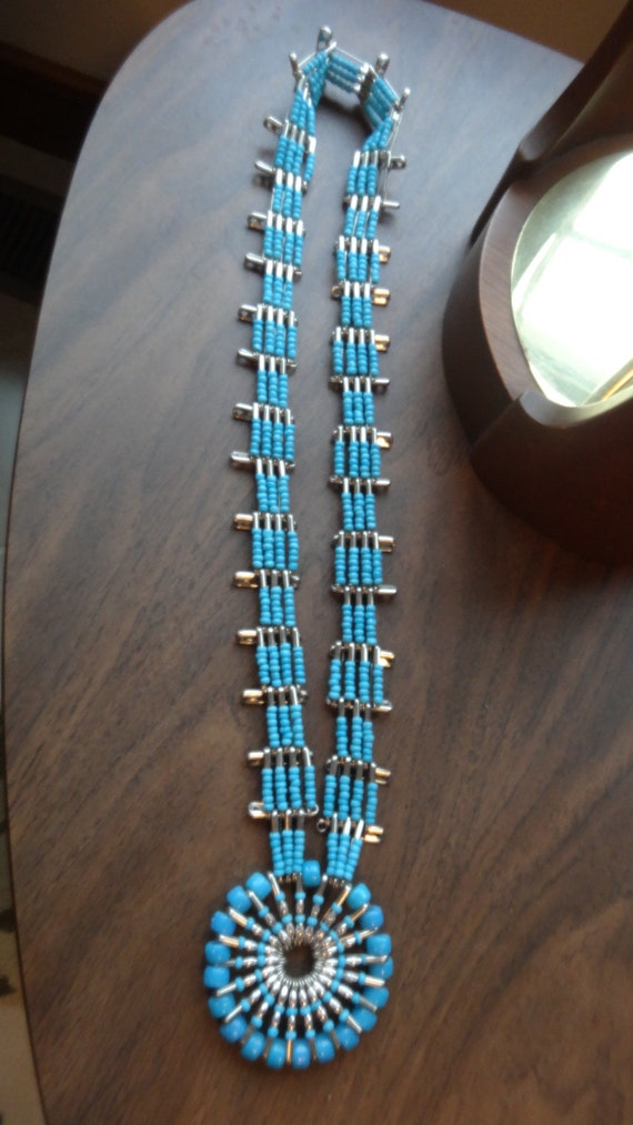 Navajo Turquoise Bead and Safety Pin Squash Bloss… - image 1