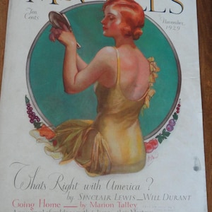May include: Vintage McCall's magazine cover from November 1929. The illustration features a woman in a yellow dress holding a mirror, set against a teal background. Text includes "What's Right with America?" and "Going Home."