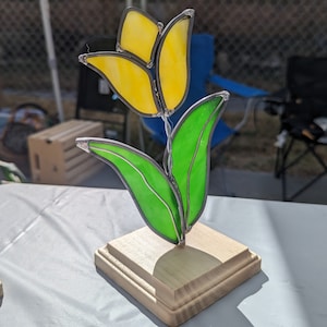 Stained Glass Tulip with Wooden Base