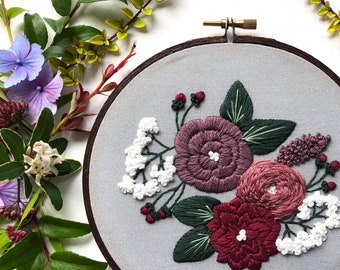 Embroidery Hoop Art, Floral Embroidery Pattern, Beginner Embroidery PDF, DIY Embroidery Kit, Beginner Hand Embroidery Kit, Hoffelt Hooper