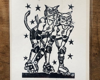 Roller Derby Cats! - Limited Edition original Lino Print