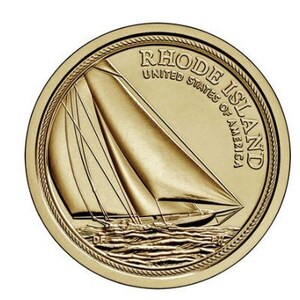 May include: Gold-colored coin with a sailboat on the front and the words "Rhode Island United States of America" around the edge.