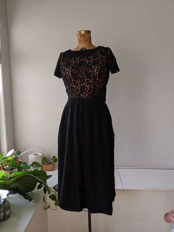 Vintage 1950s black lace 2 piece skirt set | 60s m