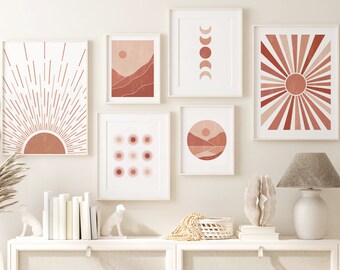 Boho Sun & Moon Prints Set, Celestial Geometric Wall Art (Digital Download)