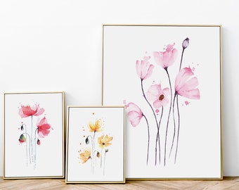 Watercolor Floral Prints, Set of 3, Botanical Wall Art (Digital Download)