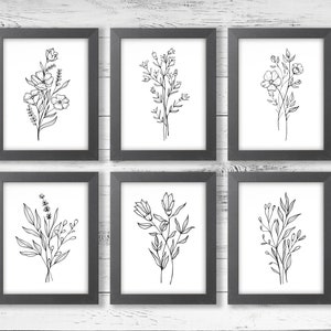 Black & White Botanical Illustration Prints, Set of 6, White Version, Minimalist Printable, Simple Wall Art, Nature Lover, Digital Download