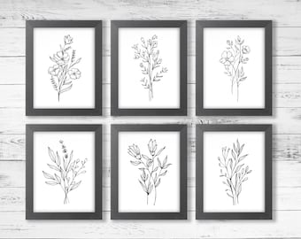 Black & White Botanical Illustration Prints, Set of 6, White Version, Minimalist Printable, Simple Wall Art, Nature Lover, Digital Download