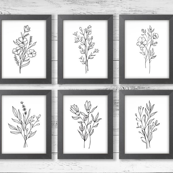 Black & White Botanical Illustration Prints, Set of 6, White Version, Minimalist Printable, Simple Wall Art, Nature Lover, Digital Download