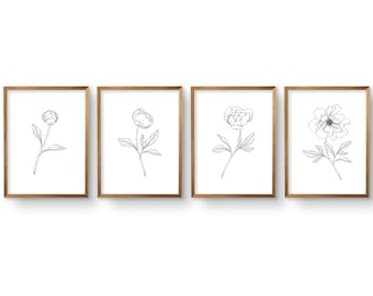 Black & White Blooming Flower Set of 4 Illustration Prints, Minimalist Printable, Simple Botanical Wall Line Art, Flowers, Digital Download
