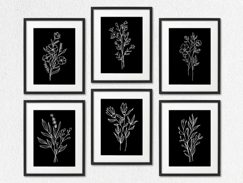 Black &amp; White Botanical Set of 6 Illustration Prints Black - Etsy