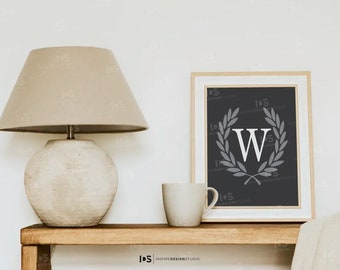 Farmhouse Monogram Wreath Print, Rustic Gray Decor (Digital Download)