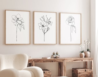 Black & White Handdrawn Flower Line Art Illustration Set of 3 Prints, Minimalist Printable, Simple Wall Art, Nature Lover, Digital Download