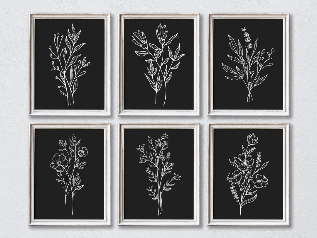 Black & White Botanical Set of 6 Illustration Prints, Black Version