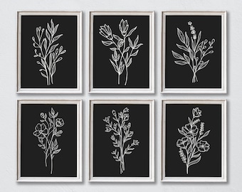 Black & White Botanical Set of 6 Illustration Prints, Black Version, Minimalist Printable, Simple Wall Art, Nature Lover, Digital Download