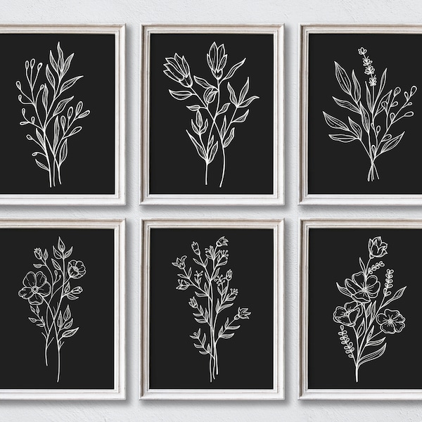 Black & White Botanical Set of 6 Illustration Prints, Black Version, Minimalist Printable, Simple Wall Art, Nature Lover, Digital Download