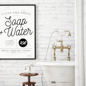 Fresh Soap and Water Wall Art Printable, Bathroom Wall Decor, Vintage Black and White, Farmhouse, Washroom Wall Art, Digital Download, JPG