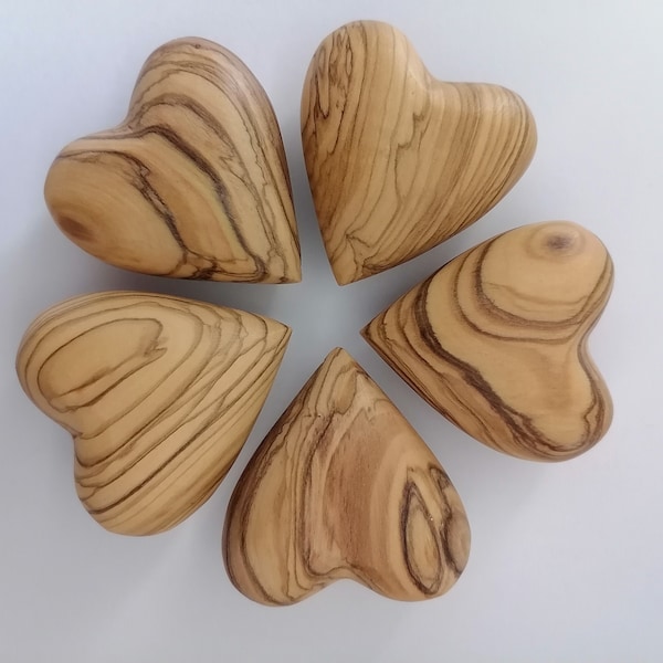 Bethlehem Olive Wood Handmade Hearts. 3D heart shape. Olivewood Wedding Hearts 2 inch each .. ( Hand Picked )