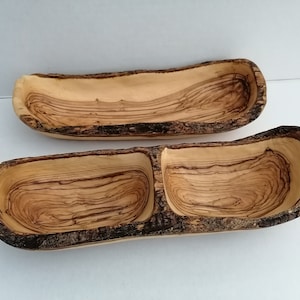 BETHLEHEM Olive Wood / Wooden Bowls , Live Edge,  Wooden Plate/ dish /  Fruit Plate Rustic Bowl, Boat Shaped. normal and two sections