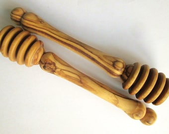 2 Pcs Bethlehem Olive Wood Honey Dipper & Spoon Set - 5.5” Drizzler Servers