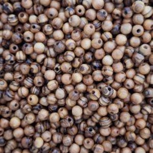 May include: A large collection of small, round wooden beads featuring natural light and dark brown grain patterns. Each bead has a central hole drilled through the middle, showcasing the organic texture and varied wood grain swirls throughout.