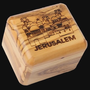 Olivenholz Laser-gravierte Jerusalem Box, Schmuck / Rosenkranz Andenken Holzkiste hergestellt im Heiligen Land