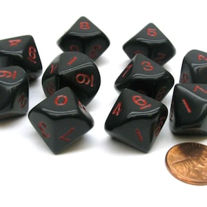 Set of 10 D10 10 Sided 16mm Opaque Dice - Black with Red Numbers
