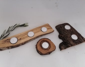 Natural / Live Edge BETHLEHEM Olive Wood  Tealight Candle Holders .  3 Pieces