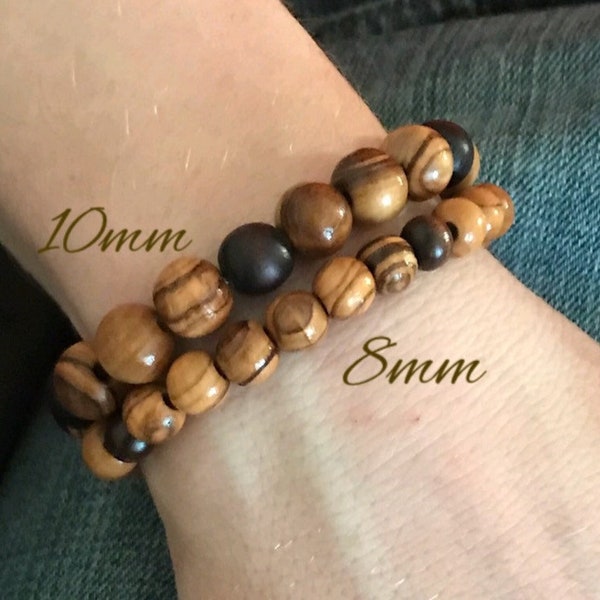 Men / Women Bracelet from the Holy Land of Bethlehem - stripe wooden beads. Round Olive Wood beads