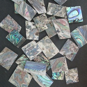 May include: A collection of iridescent abalone shell tiles in various shapes and sizes. The tiles have a natural, organic look with a mix of green, blue, and purple hues.