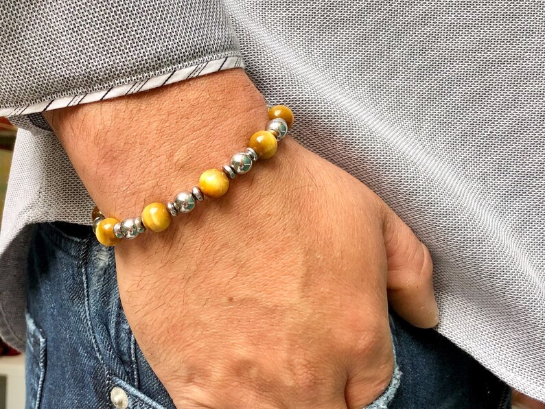 Gold Tiger Eye Bracelet with Hematite Gemstone Stretch Bracelet for Men